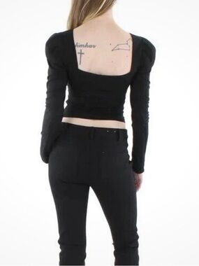 Lea and Viola Bloomingdale’s Size L Black Puff Sleeve Ruched Long Sleeve Top NWT